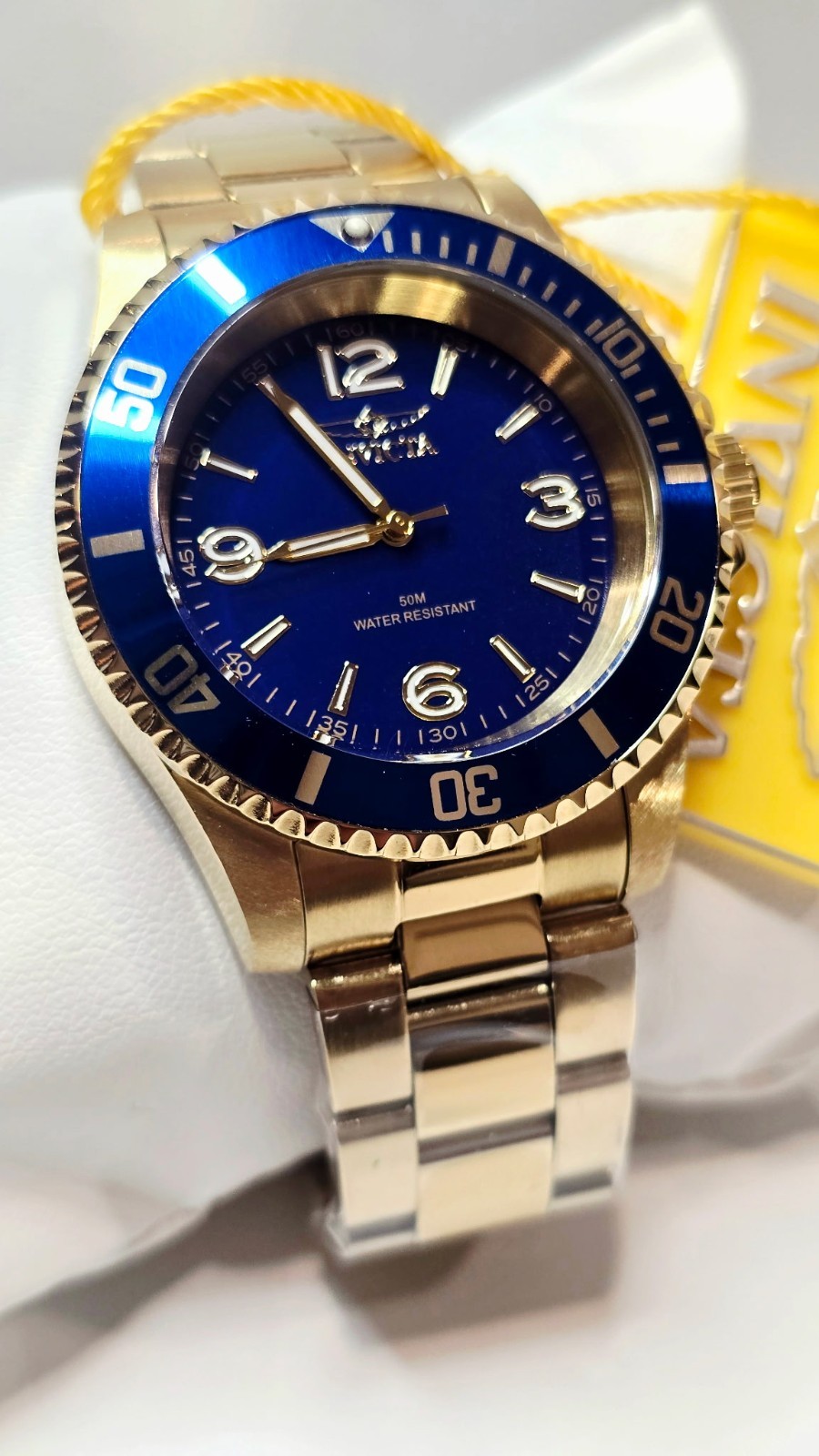 Invicta Specialty Rowan Men’s Watch Blue Dial Gold ToneSS Bracelet 50m w/Box