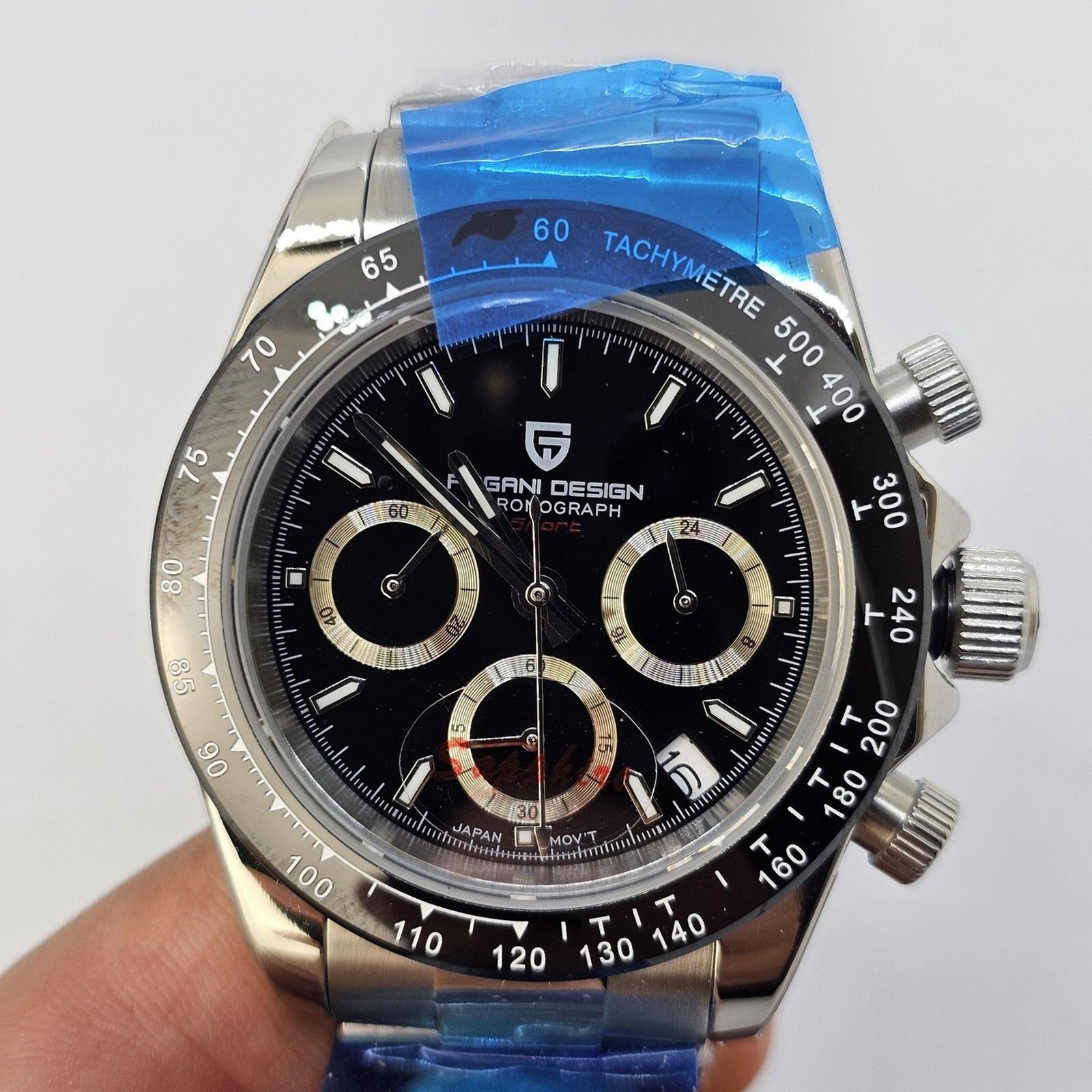 Pagani Design Men’s Watch 40MM Black Dial Black Bezel Gray Bracelet Band Date