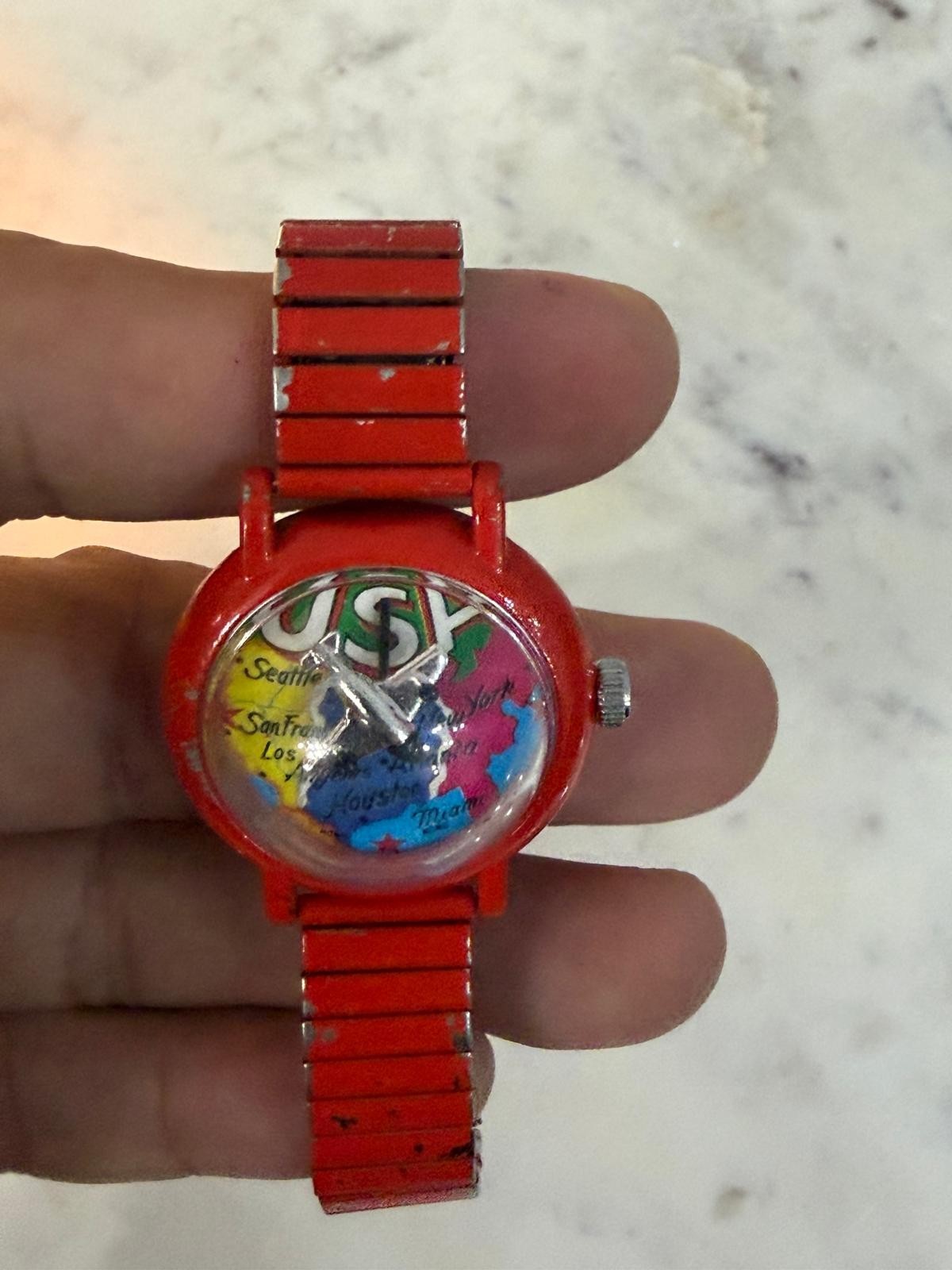 Vintage Colorful USA Map Unique Airplane Seconds Hand Bubble Watch for Womens