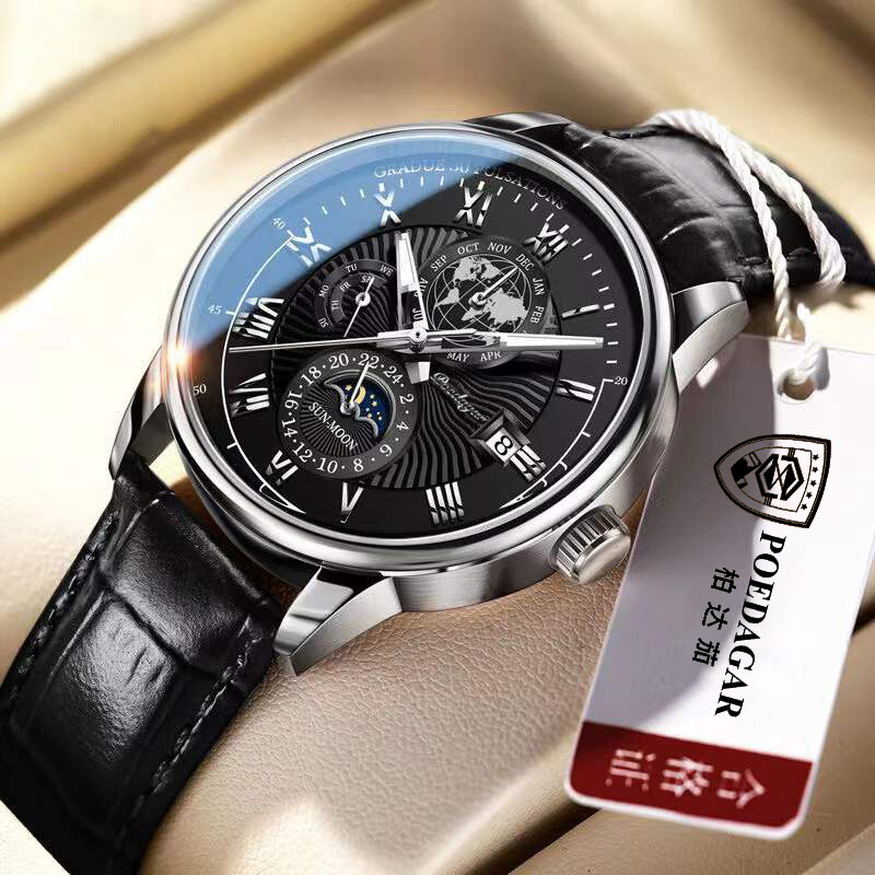 Men Watch Leather Waterproof Luminous Watch Luxury Men Quartz Wristwatches + BOX