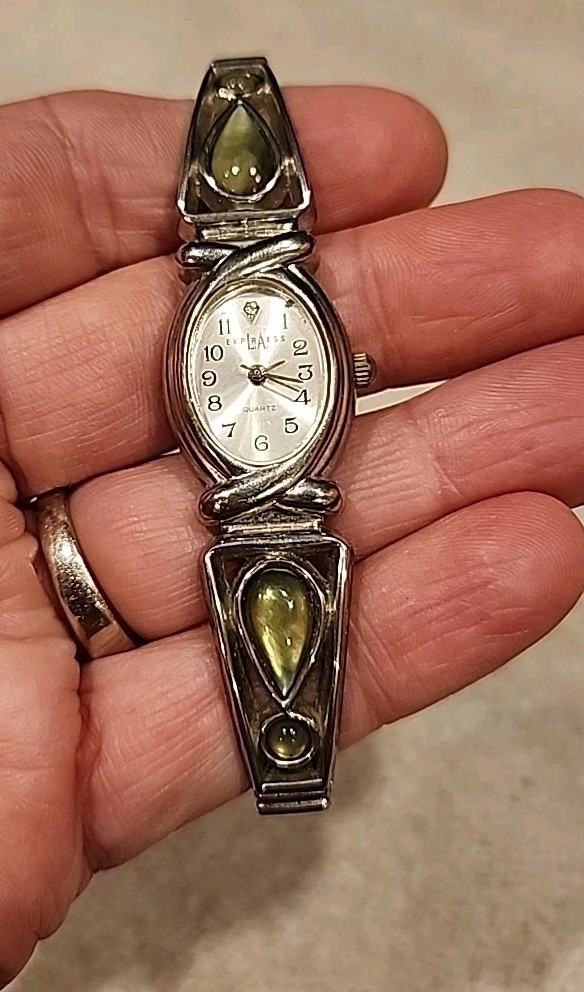 Vintage Silver Stretch Watch Green Yellow Cats Eye Moonstone Quartz LA EXPRESS