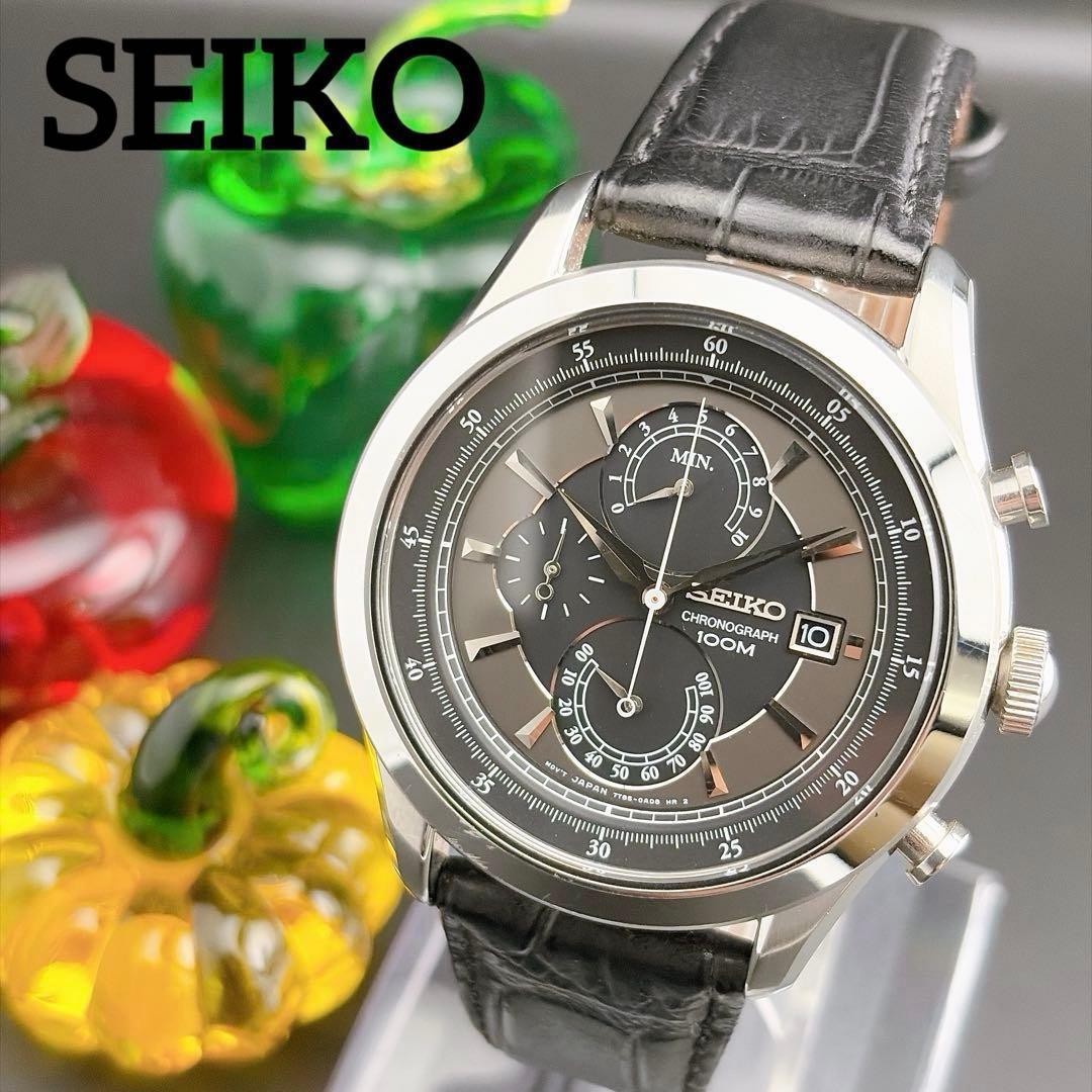 Seiko 7t85-0ad0 Quartz Chronograph Black Silver Watch 52x48mm