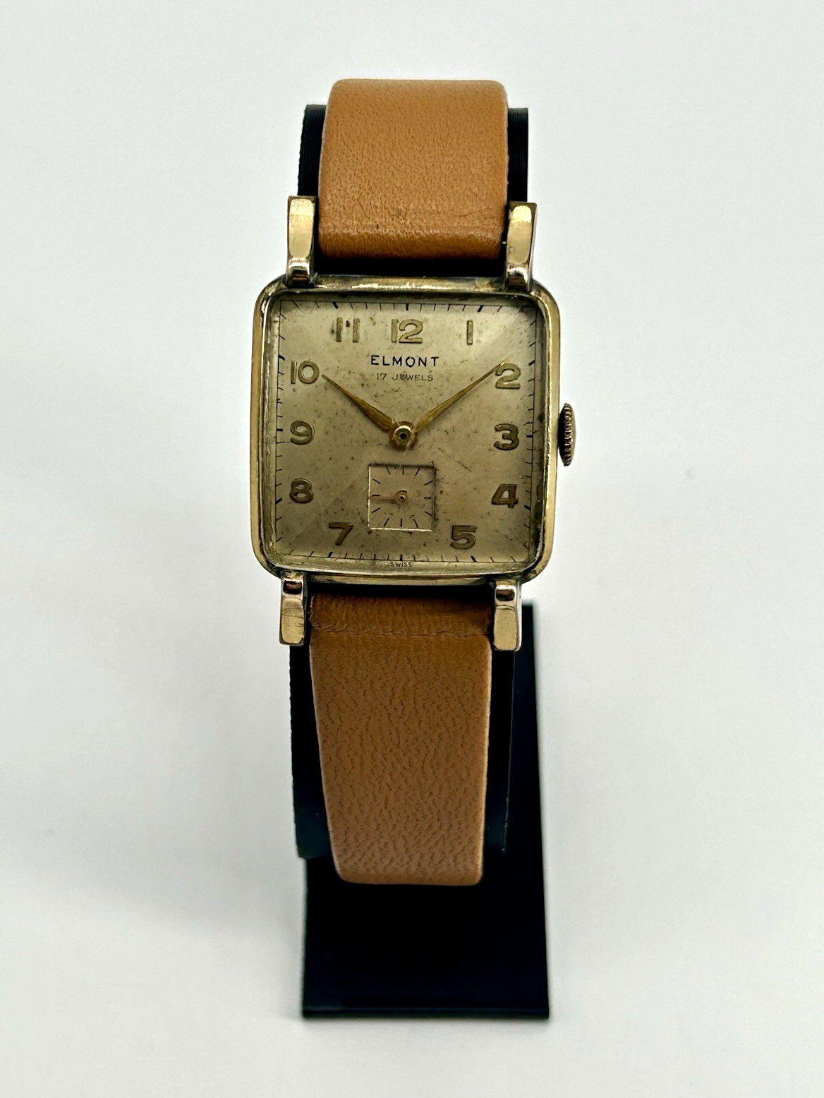 Elmont Swiss Made 17J Manual Wind Square Gold Tone Small Sec Brown Leather