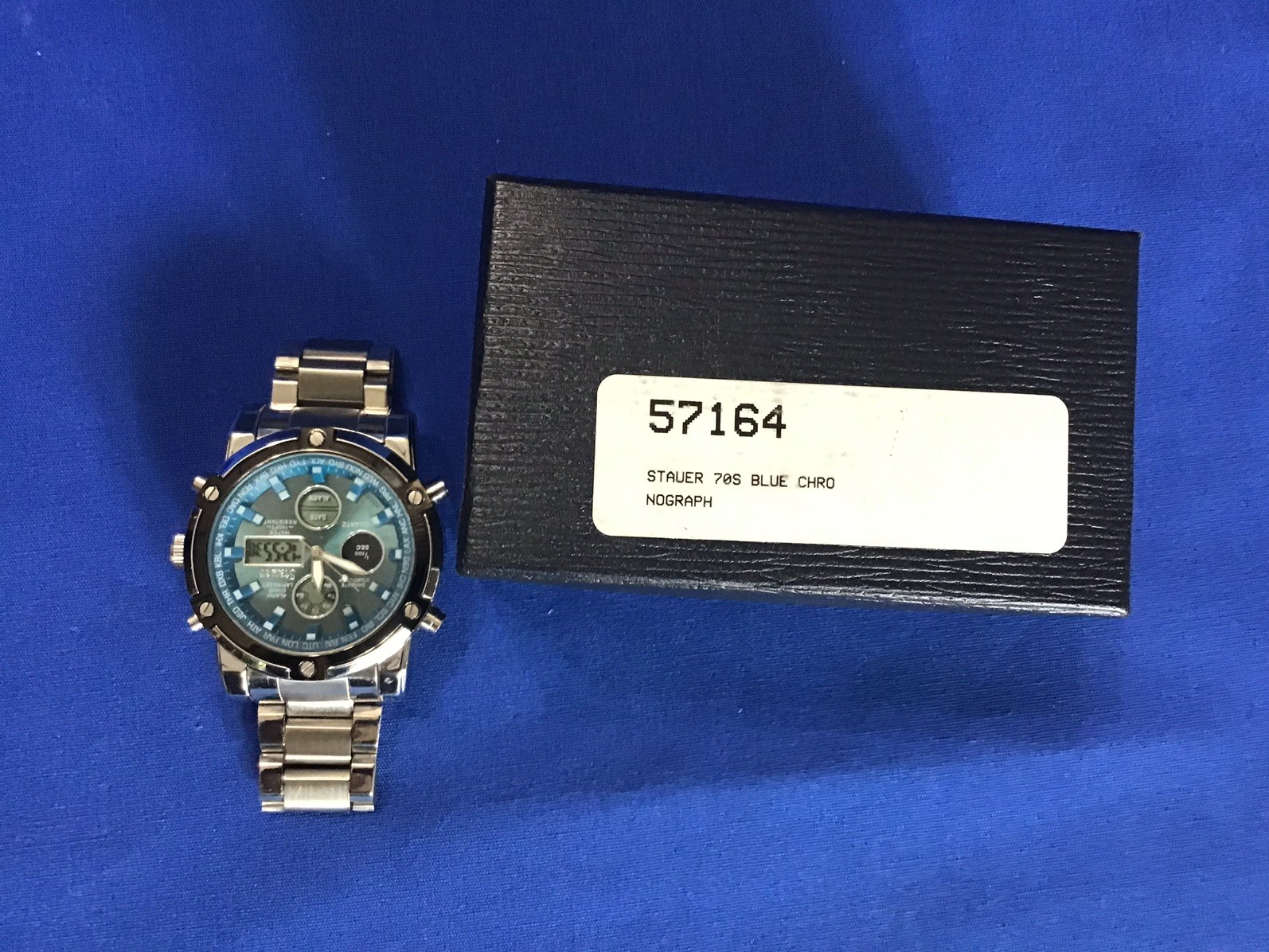 Stauer Blue Stone Chronograph Wristwatch Model 33207 w/BOX, 30m bz 18z