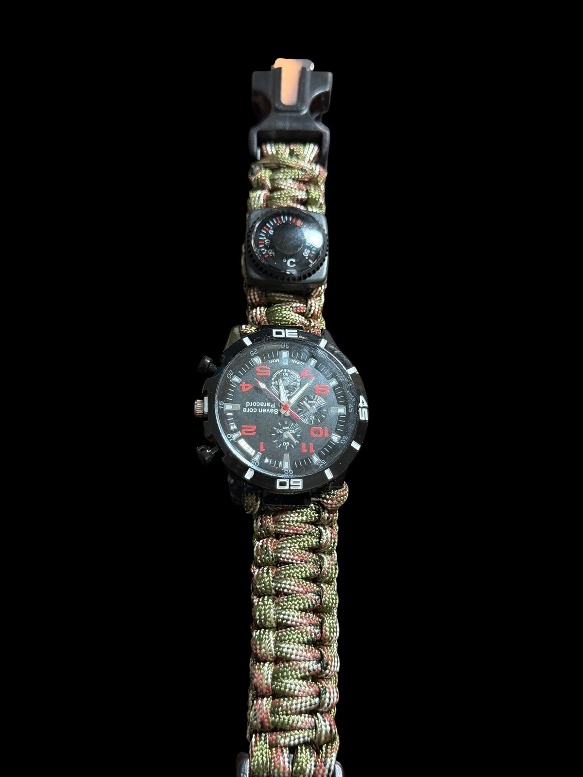 Seven Core Paracord Survival Watch Compass Thermometer Multitool Black Camo