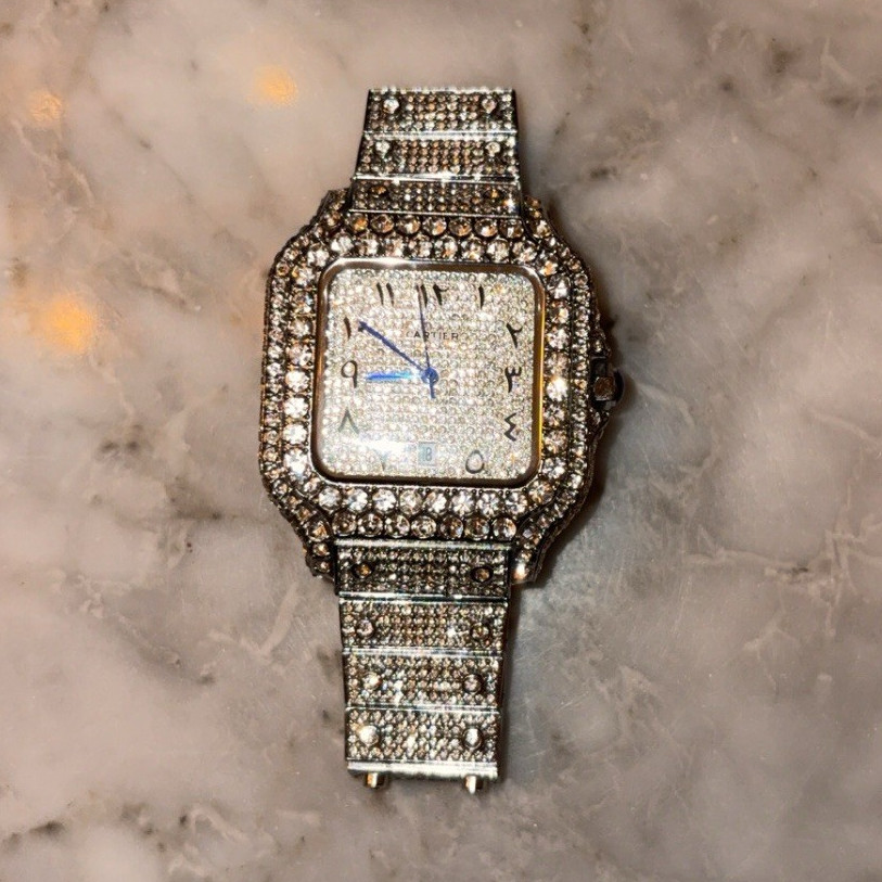 Silver Square Luxury Wristwatch Diamond Pattern Dial Rhinestone Bezel Metal Band