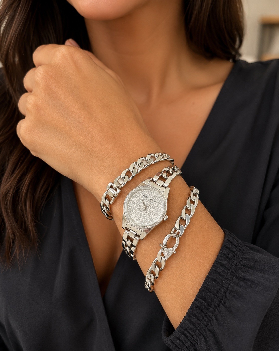 Kendall + Kylie Silver Metal Wristwatch & Bracelet Set, Diamond Pattern Dial