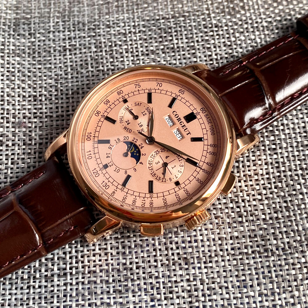 42mm corgeut pink dial multifunction Sea-gull 1655 automatic mens watch