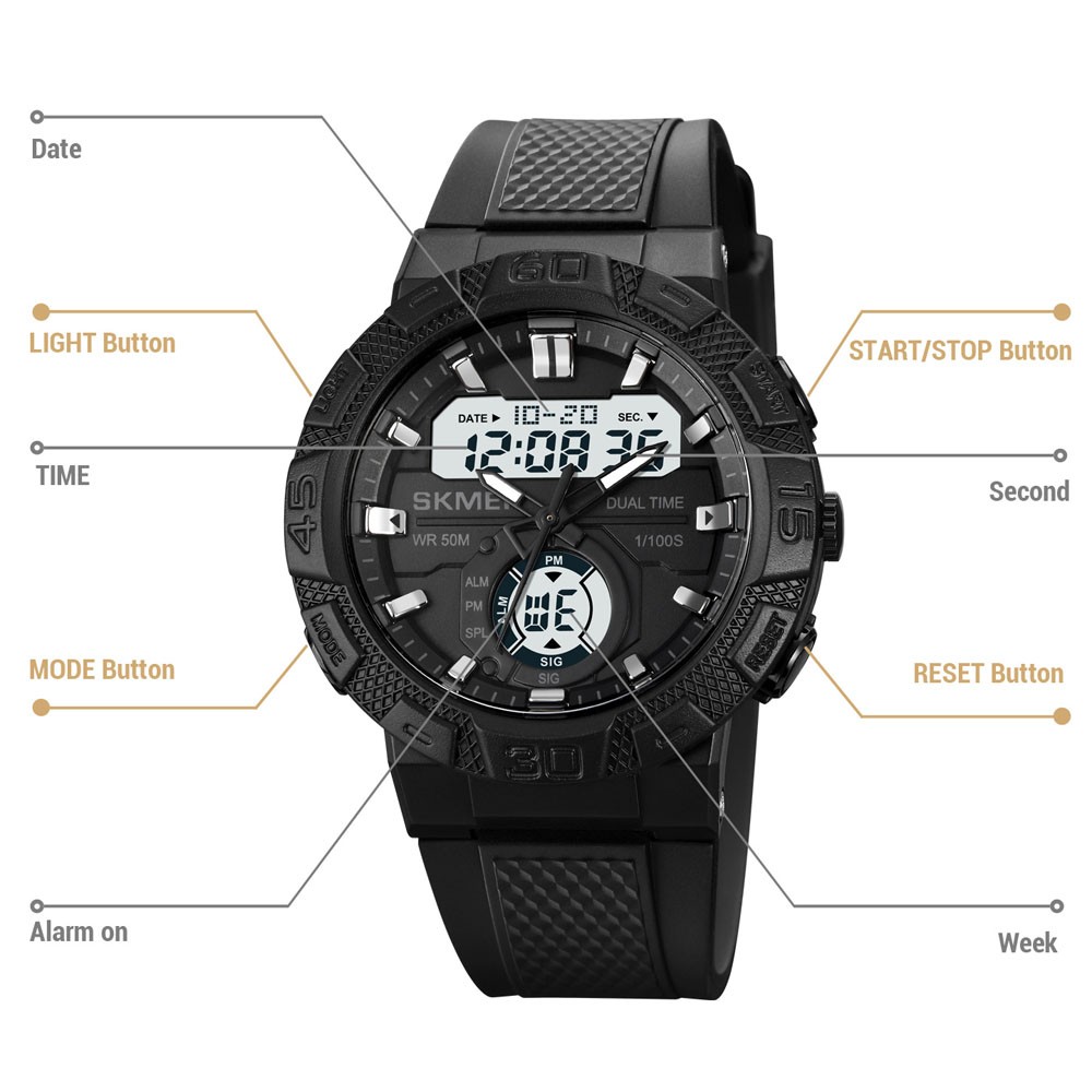 Men Digital Stopwatch Alarm Sport Watch Daily Water Resistant Rubber Wristwatch