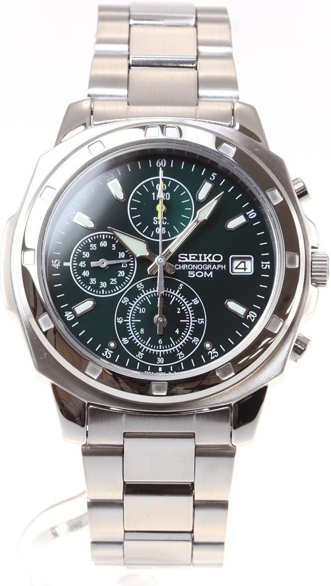 SEIKO Chronograph SND411PC Military Green Dial Stainless Watch Tested Japan New