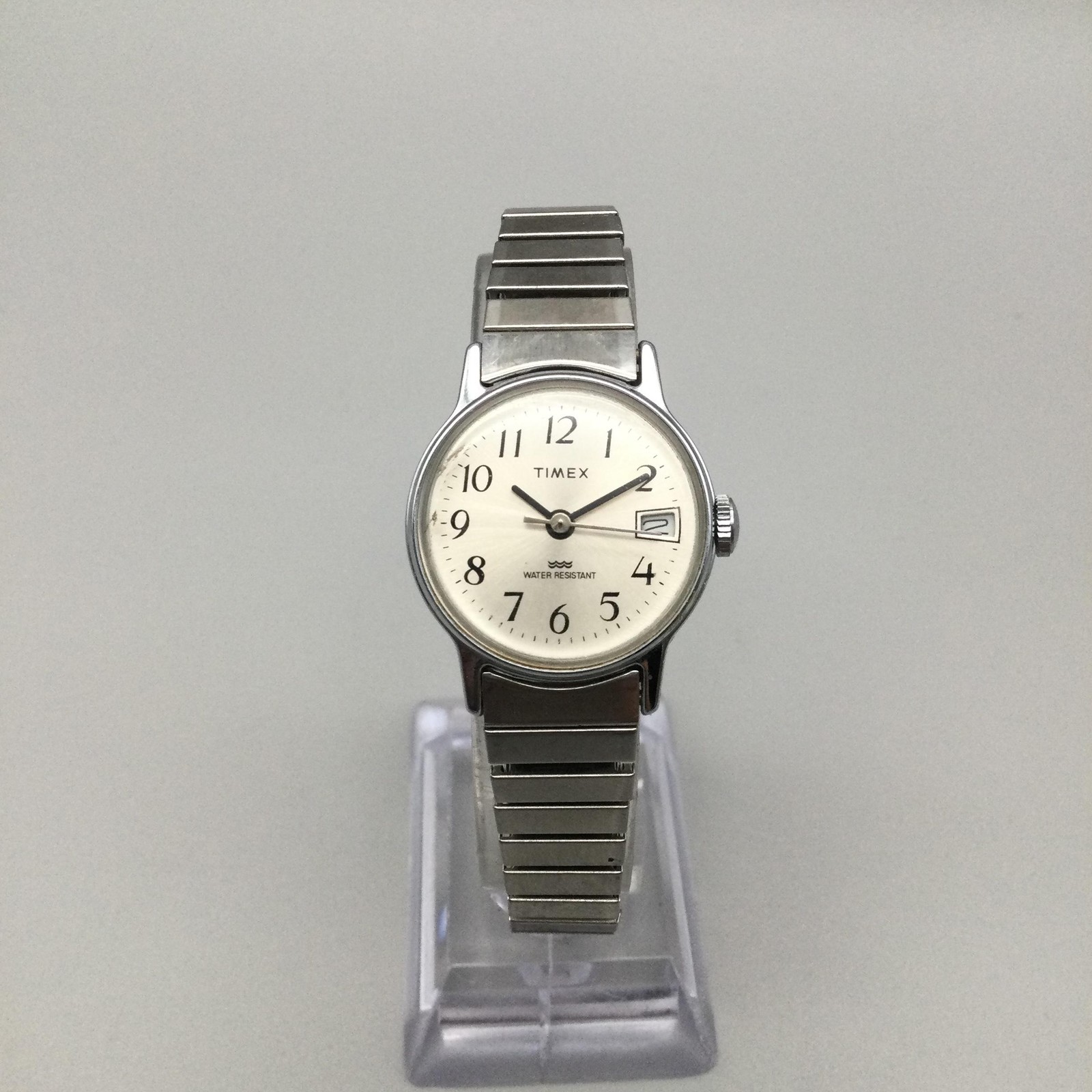 Timex Womens Watch 25mm Date Silver Tone Stretch Band Manual Wind