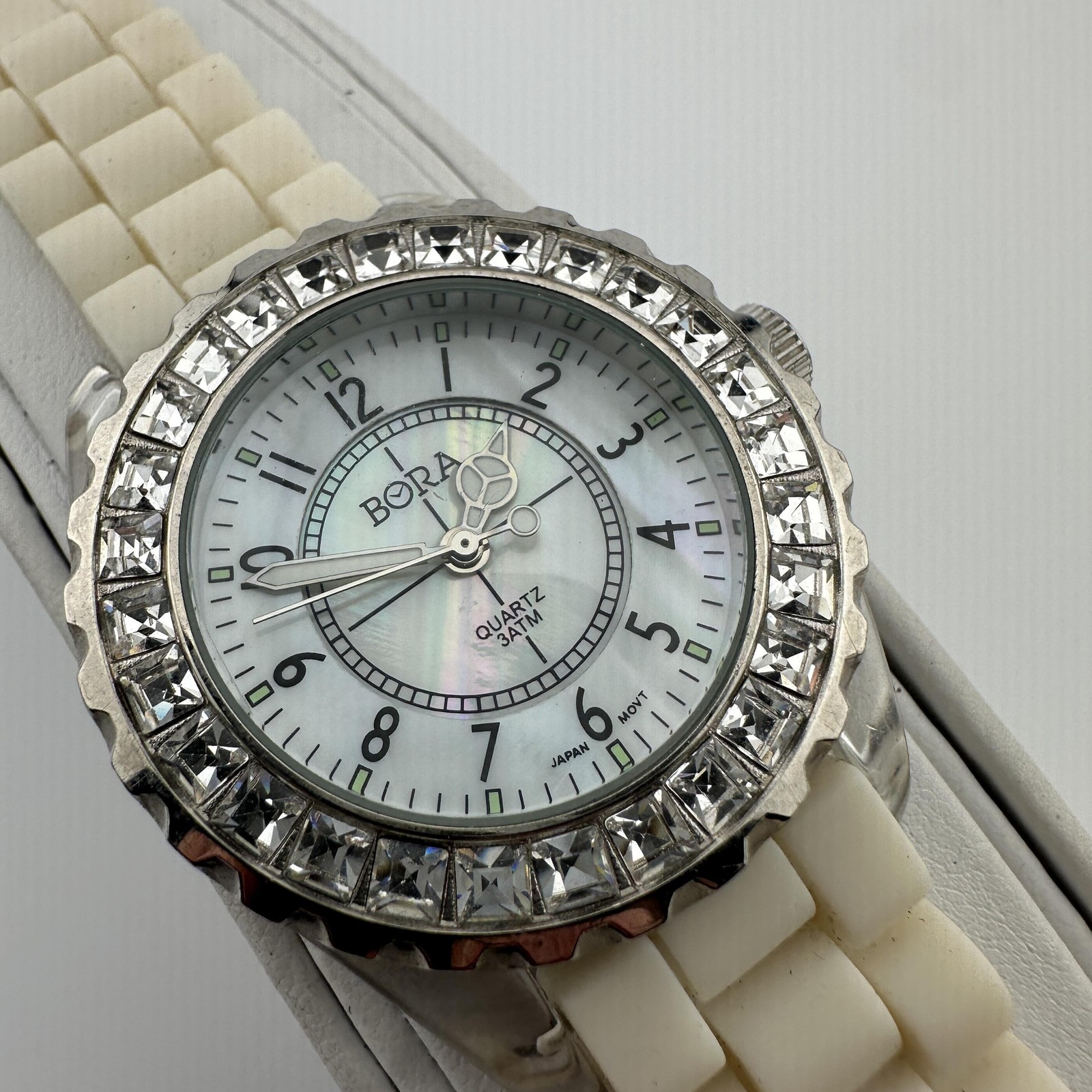 BORA Womens Watch 38mm White MOP Dial Crystal Bezel Silicone Band Quartz