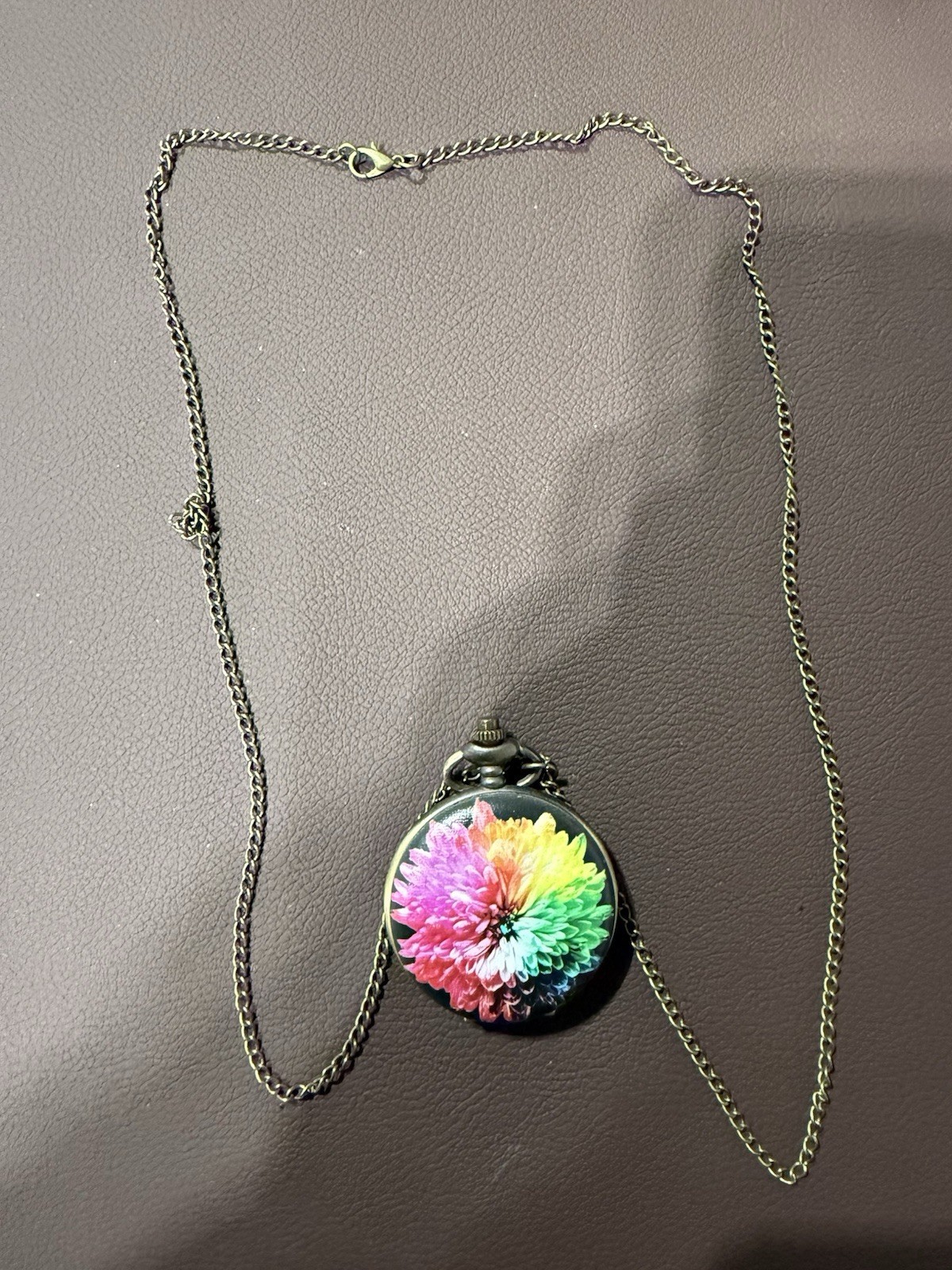Strada Pocket Watch Necklace Rainbow Flower Cover Japan Movt Pendant