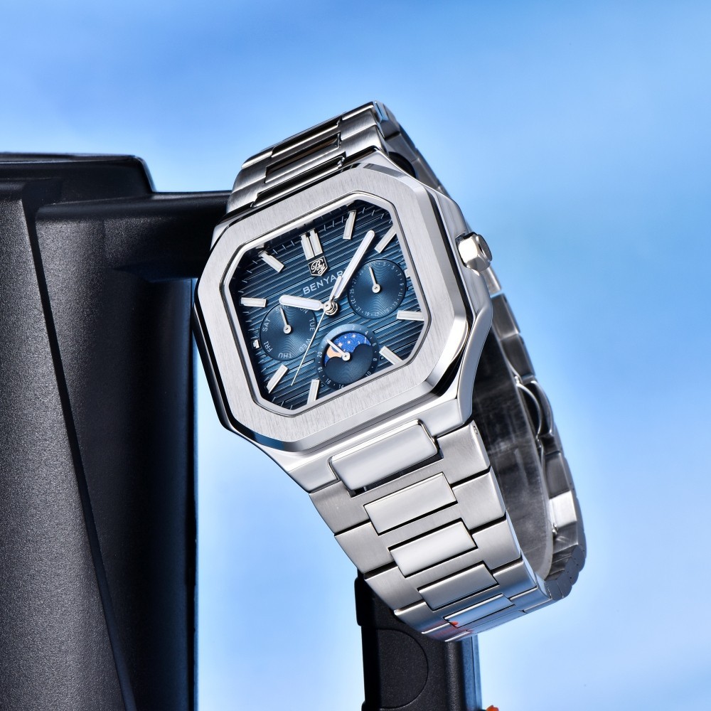 Men’s Quartz Watch Moonphase Hardlex Crystal Luminous Waterproof Stainless Steel