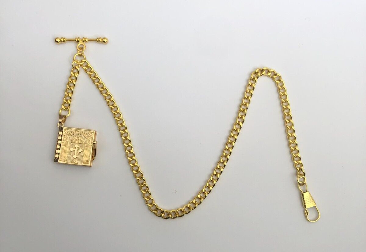 gold plated albert pocket watch chain holy bible lord’s prayer fob t bar fob