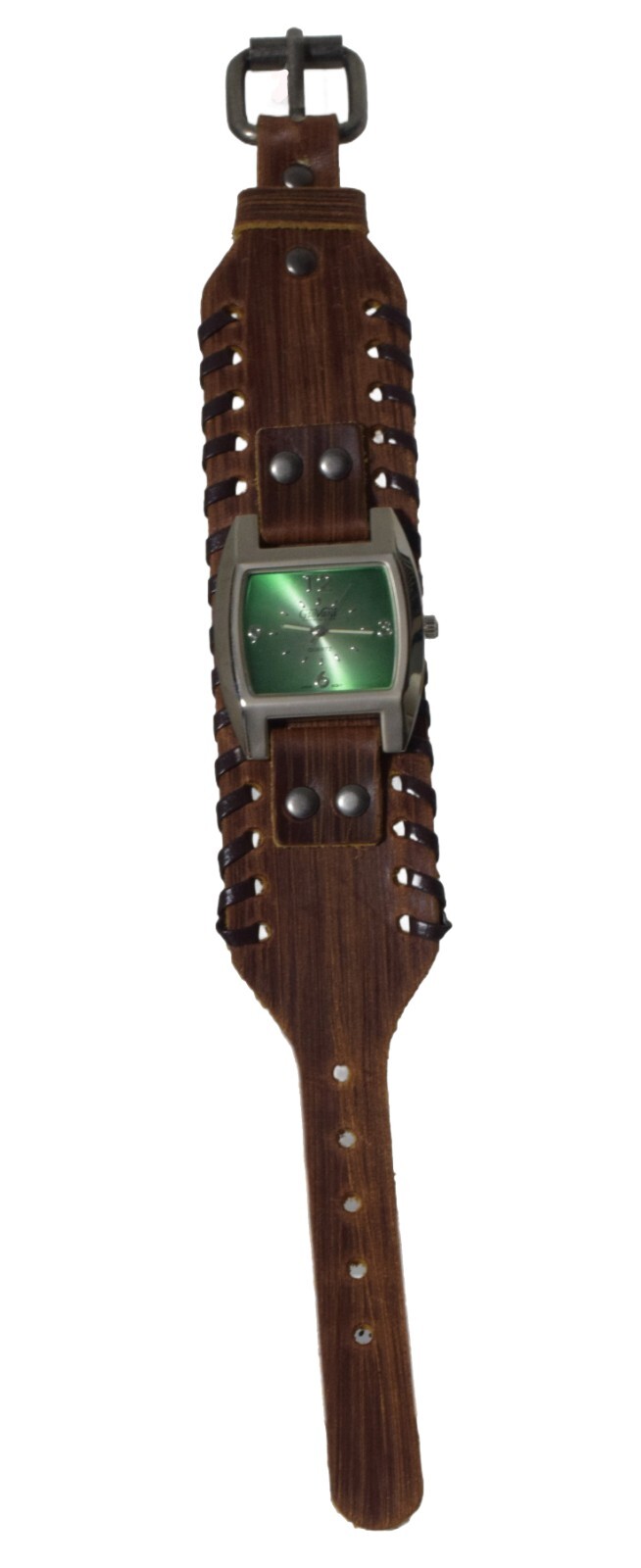GIOVANI: Western punck style leather band Quartz Black/White/Green Face Watch