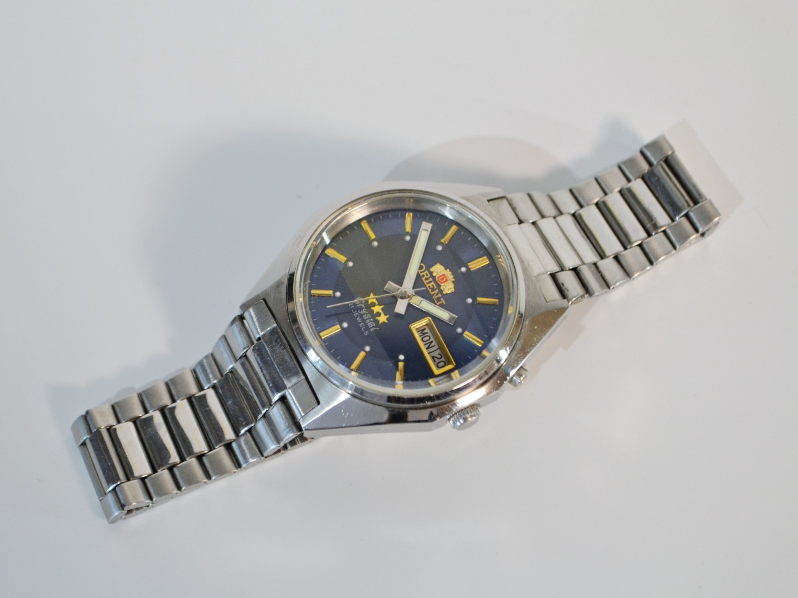 Vintage Orient 3 Star Automatic Watch Day Date Blue Dial 21 Jewels Japan