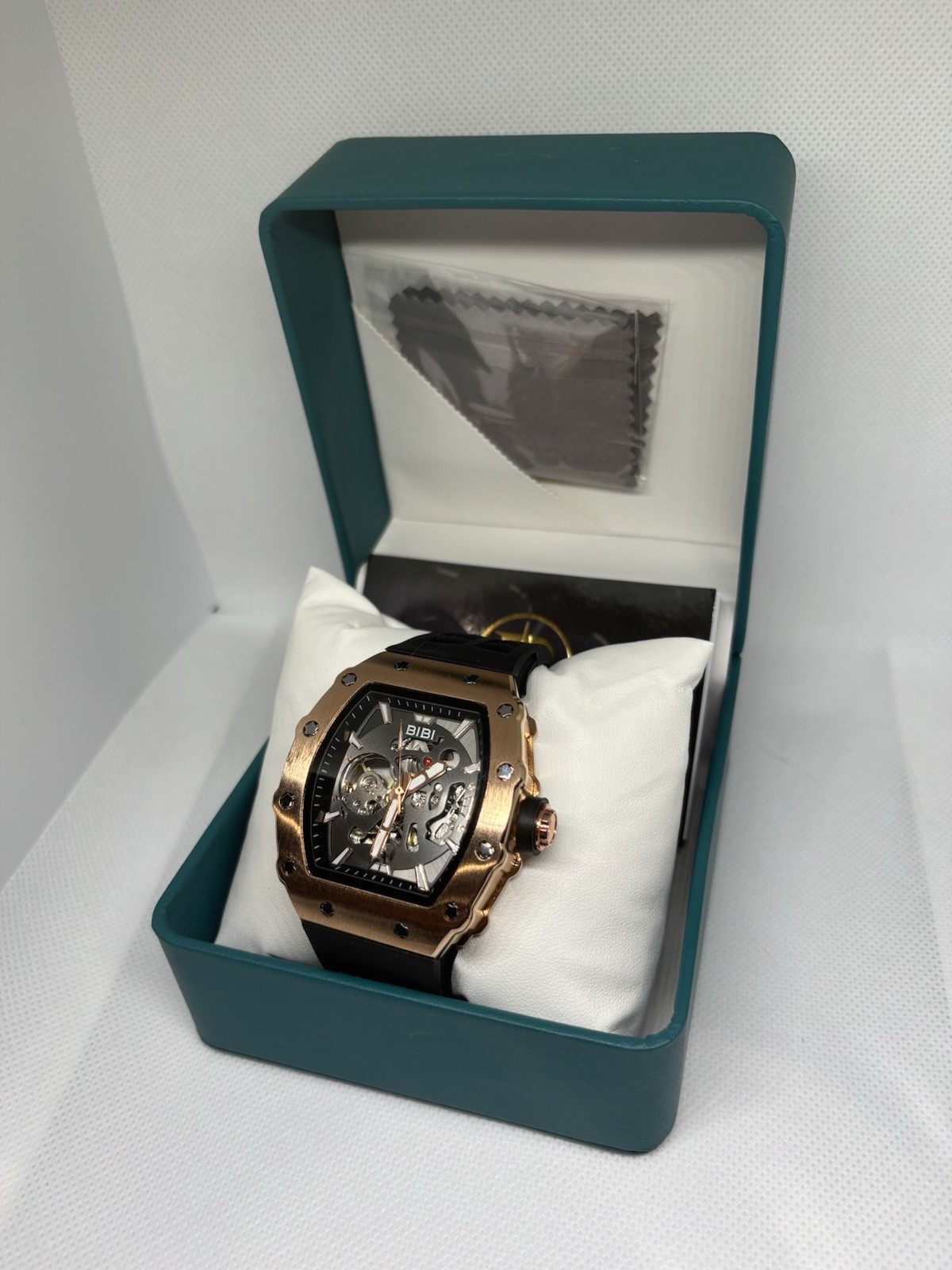 BIBI Automatic Skeleton Rose Gold Black Rubber Strap Men’s Watch Box & Papers