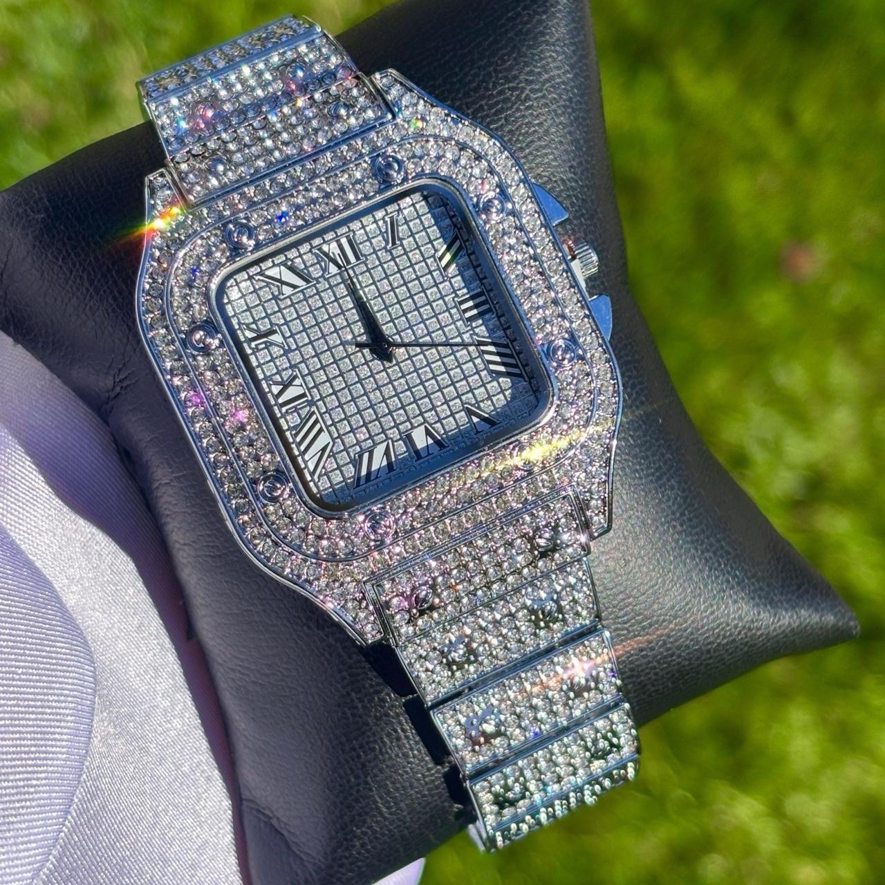 VVS Roman Numerals Square Dial Iced Out Diamond Watch Hip Hop Watch Silver Color