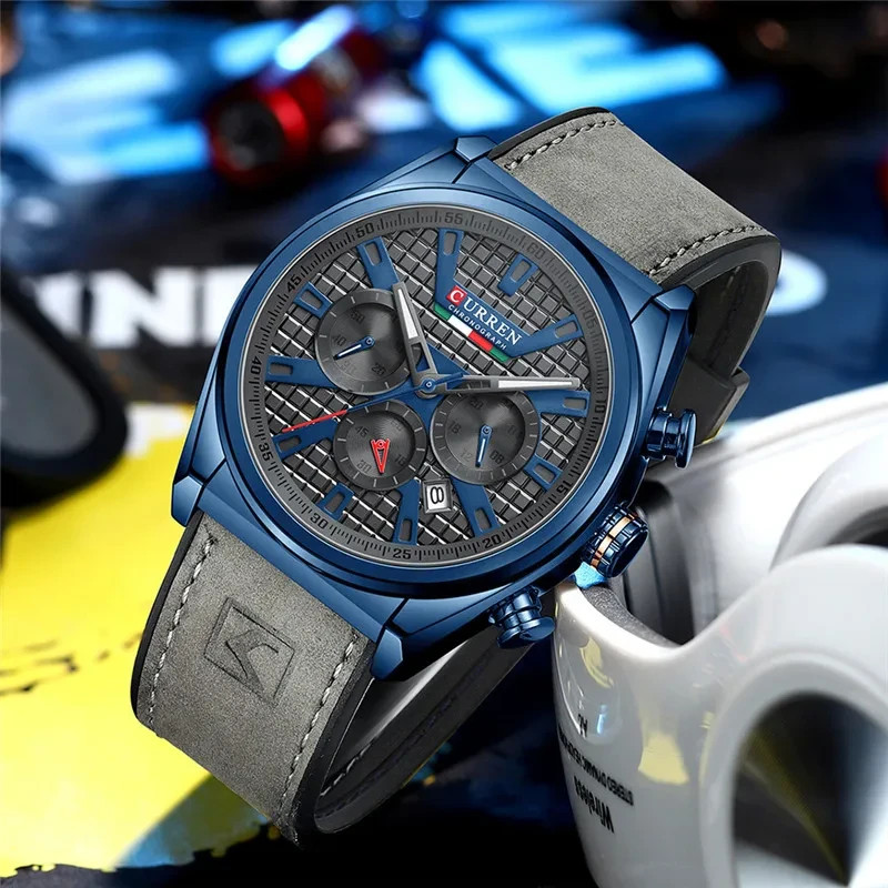 CURREN Mens Chronograph Watch Blue Gray Leather Strap Date 46mm Quartz