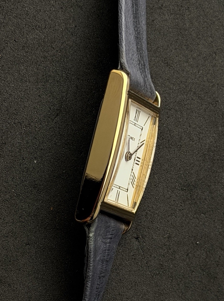 Vtg New 1997 TIMEX Tank Womens 32mm Quartz Watch Gold White Roman Num Gray EEL