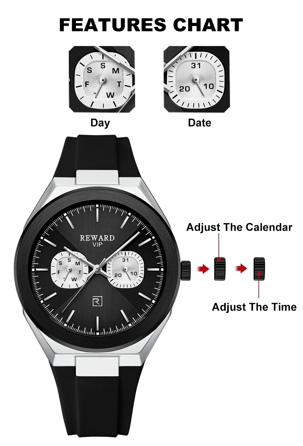 REWARD Men’s Business Week Luminous Multifunction Calendar Couple Quartz Watch