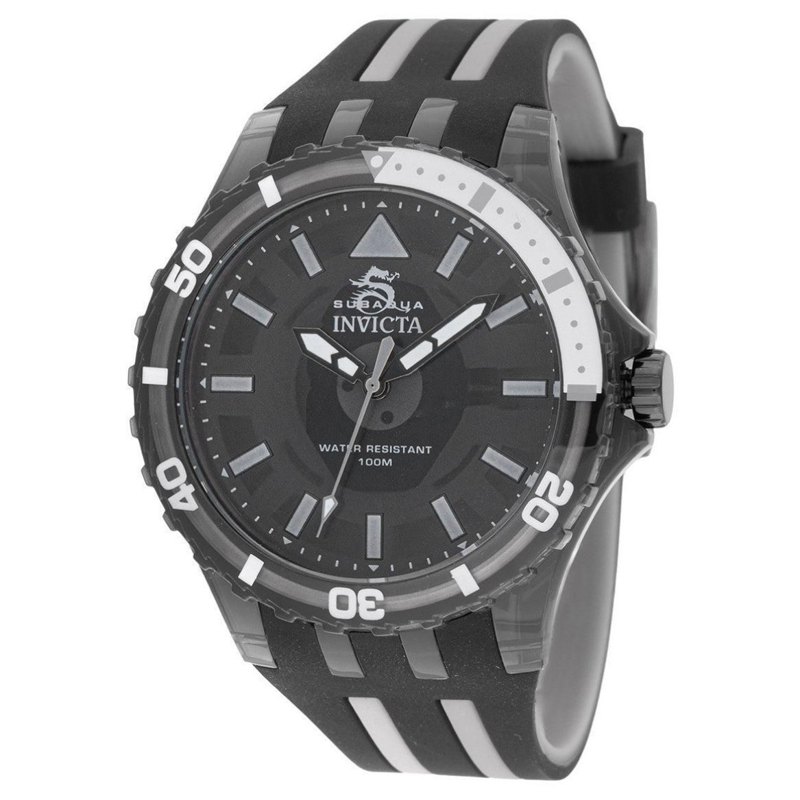 Invicta Subaqua Mens Quartz 100m 52mm+ Black Dial Black/White Strap Box