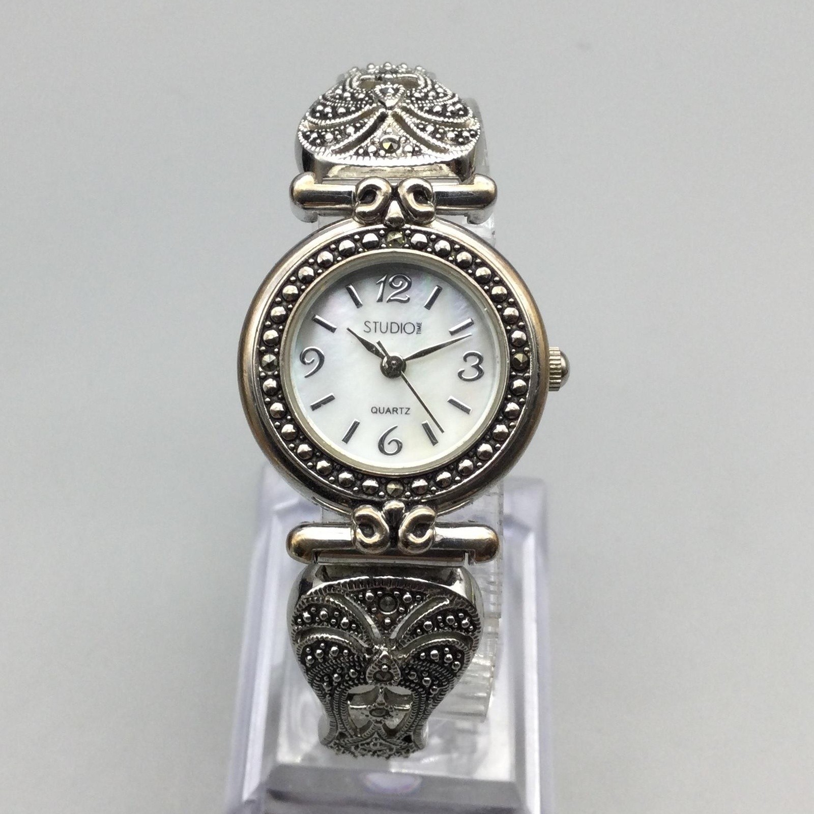 Studio Time Womens Watch 24mm Silver Tone Marcasite MOP Dial New Battery