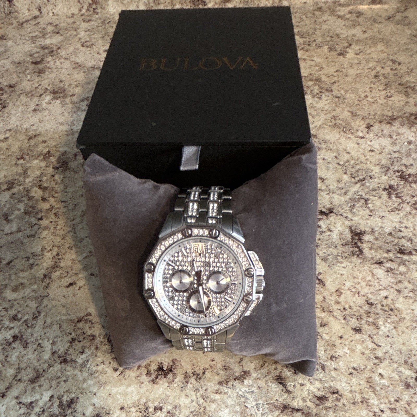 Bulova men’s Silver-Tone Crystal Chronograph Quartz Bracelet Watch w/ Box