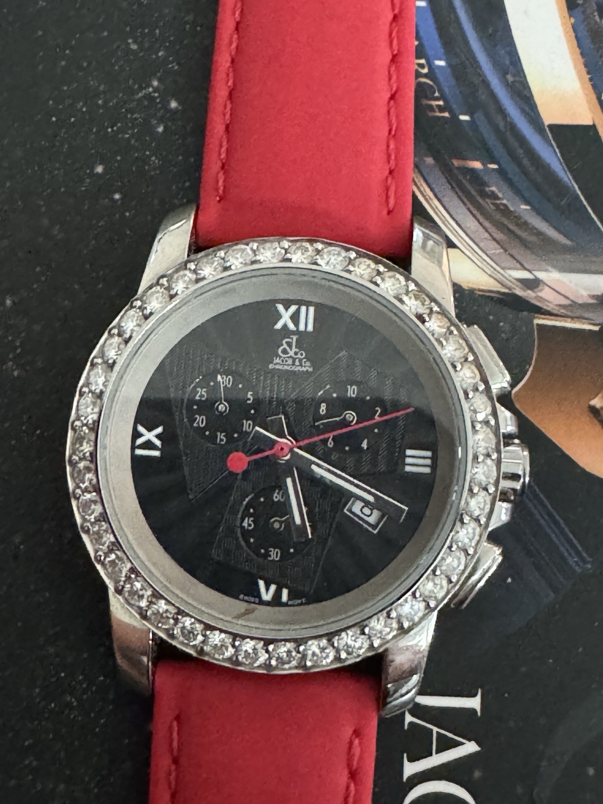 JACOB AND CO CHRONOGRAPH WATCH 38mm Diamond Bezel Complete Box Extra Str G2U