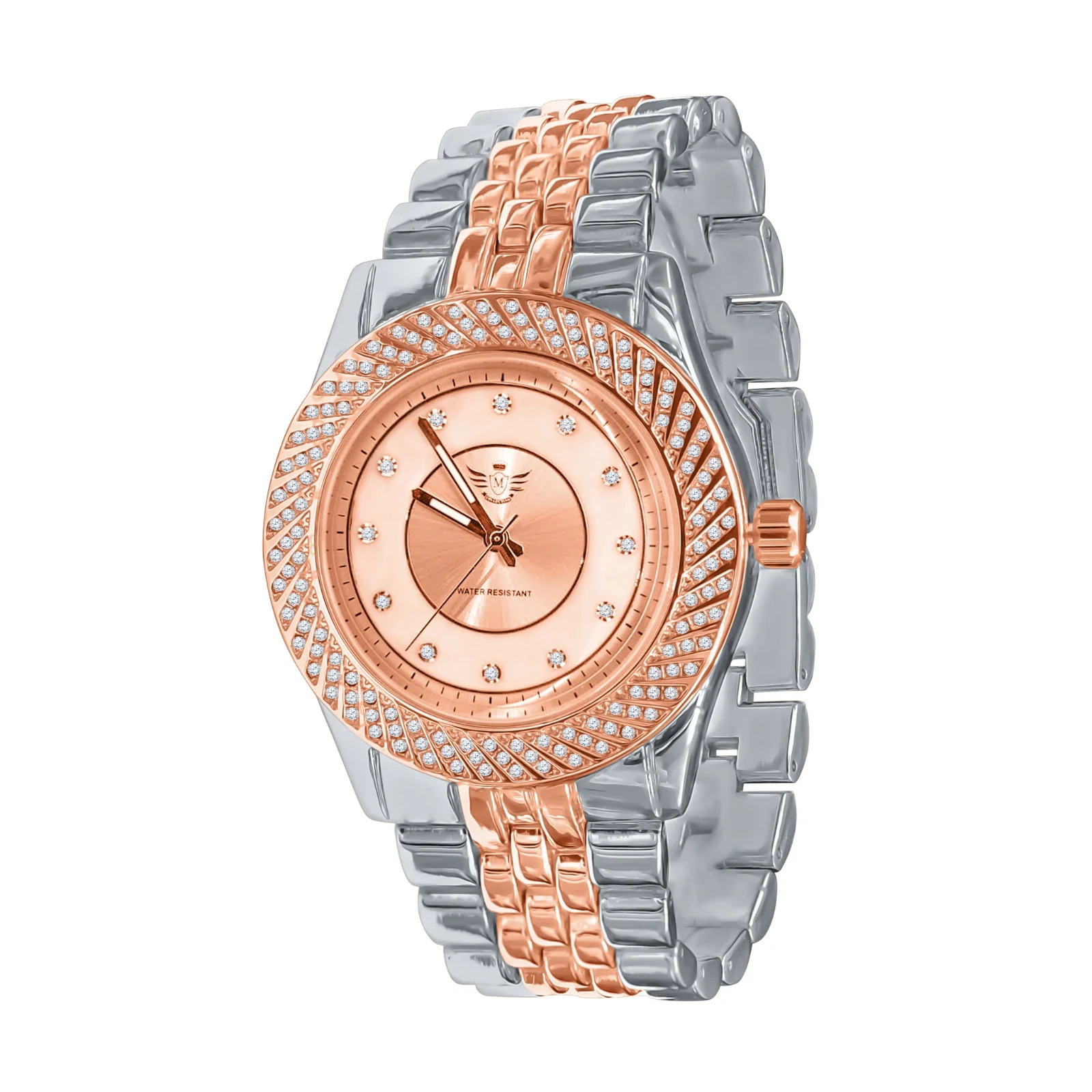 Mens Iced Out Watch Rose Gold Silver Two Tone Crystal Bezel Quartz 43mm