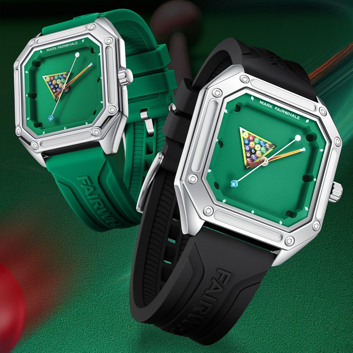 MARK FAIRWHALE Men’s Square Billiards Dial Luminous Silicone Gift Quartz Watch