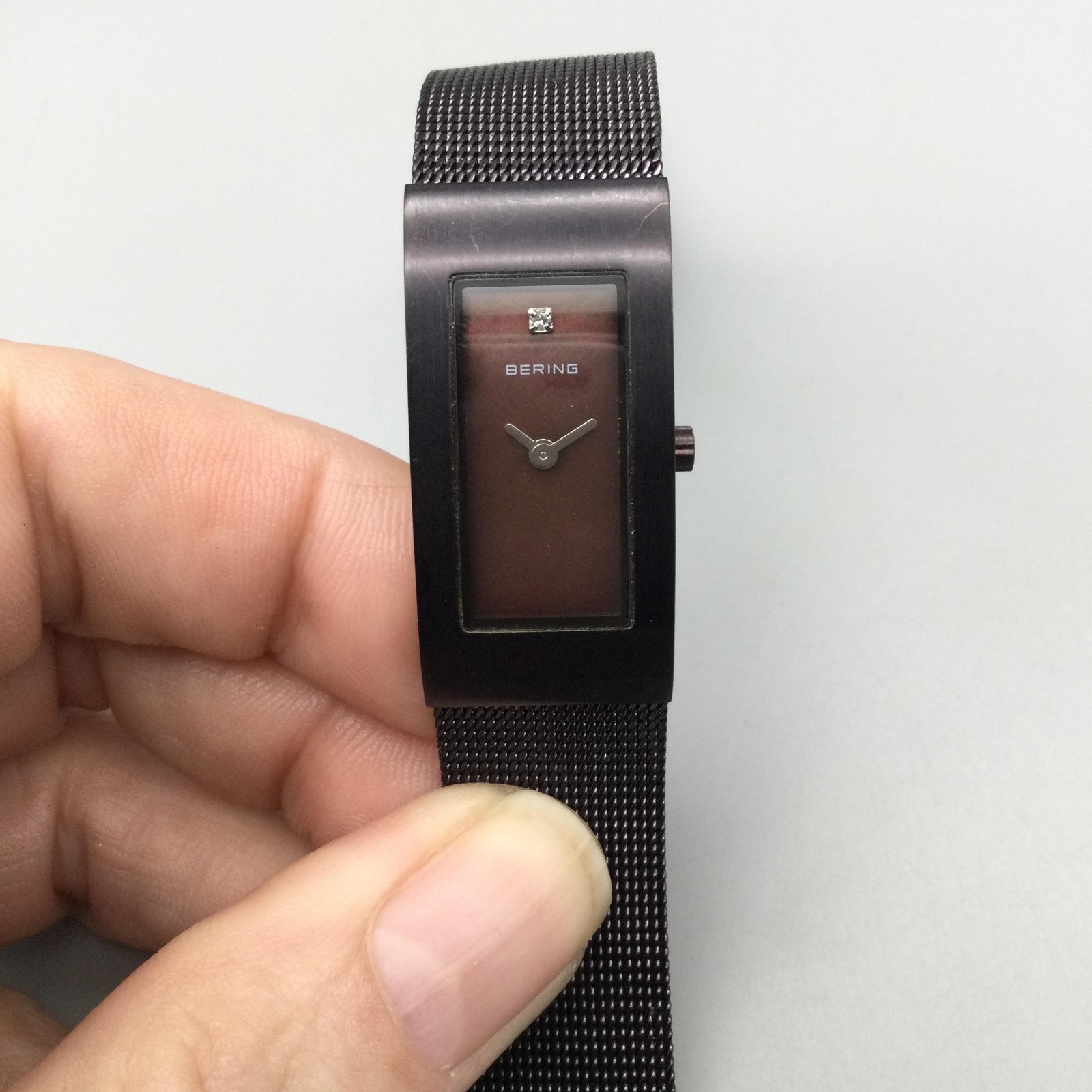 Bering Womens Watch 17mm Brown Mesh Bracelet Diamond Sapphire New Battery