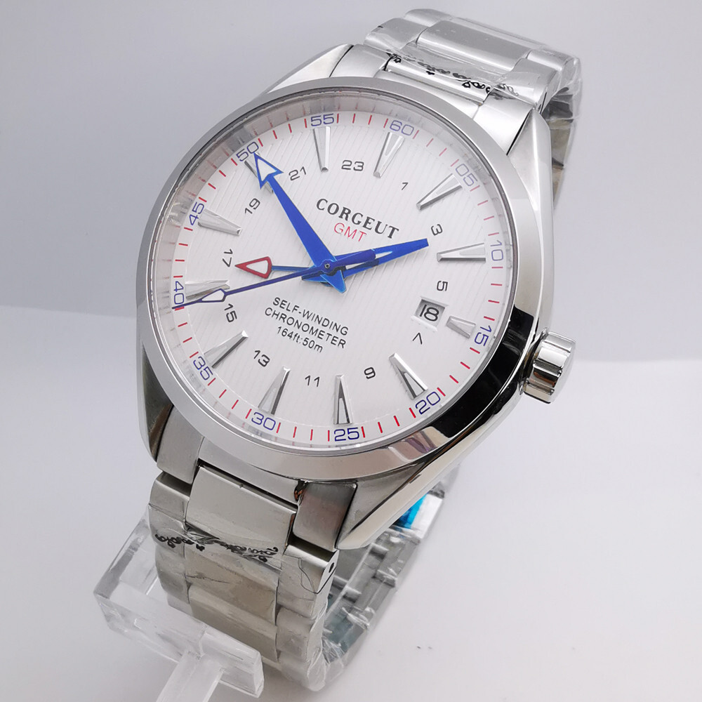 41mm Corgeut white dial sapphire glass steel strap GMT automatic men’s watch