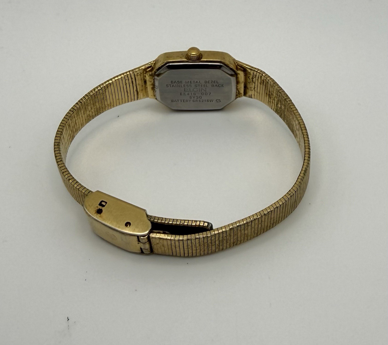 Womens Elgin Quartz Gold Tone Rectangle Case Metal Bangle Analog Floral Watch