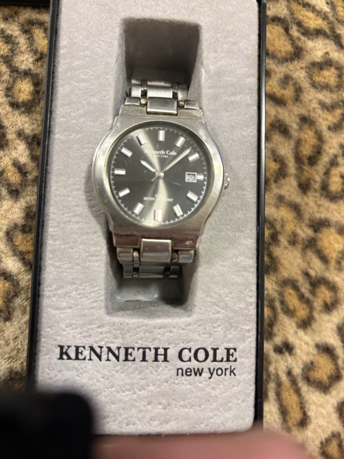 Kenneth Cole New York Quartz Date 39mm Silver SS Watch Black Sunburst Dial