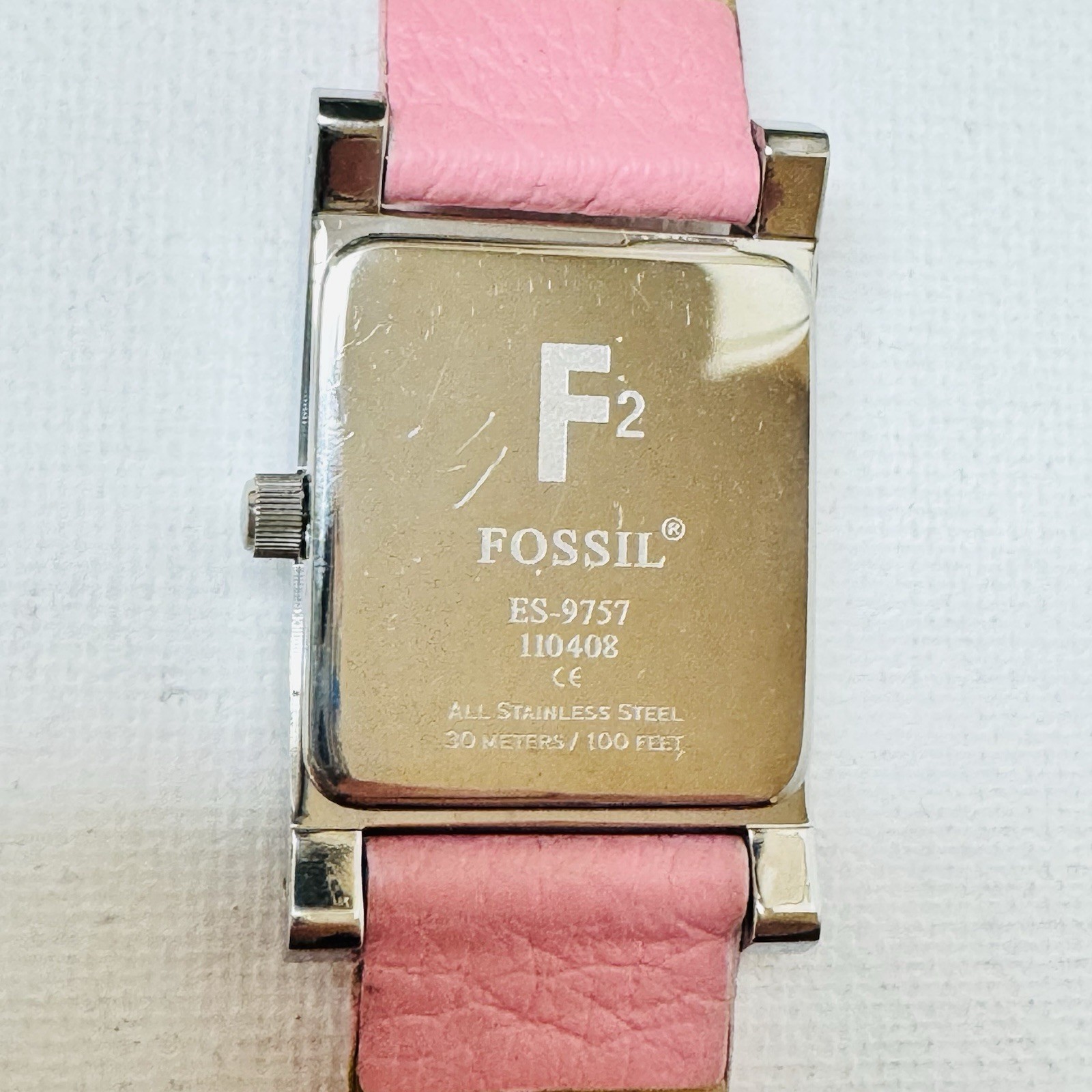 Vintage Fossil f2 Mother Of Pearl Women’s Tank Watch Date Silver Leather ES-9757
