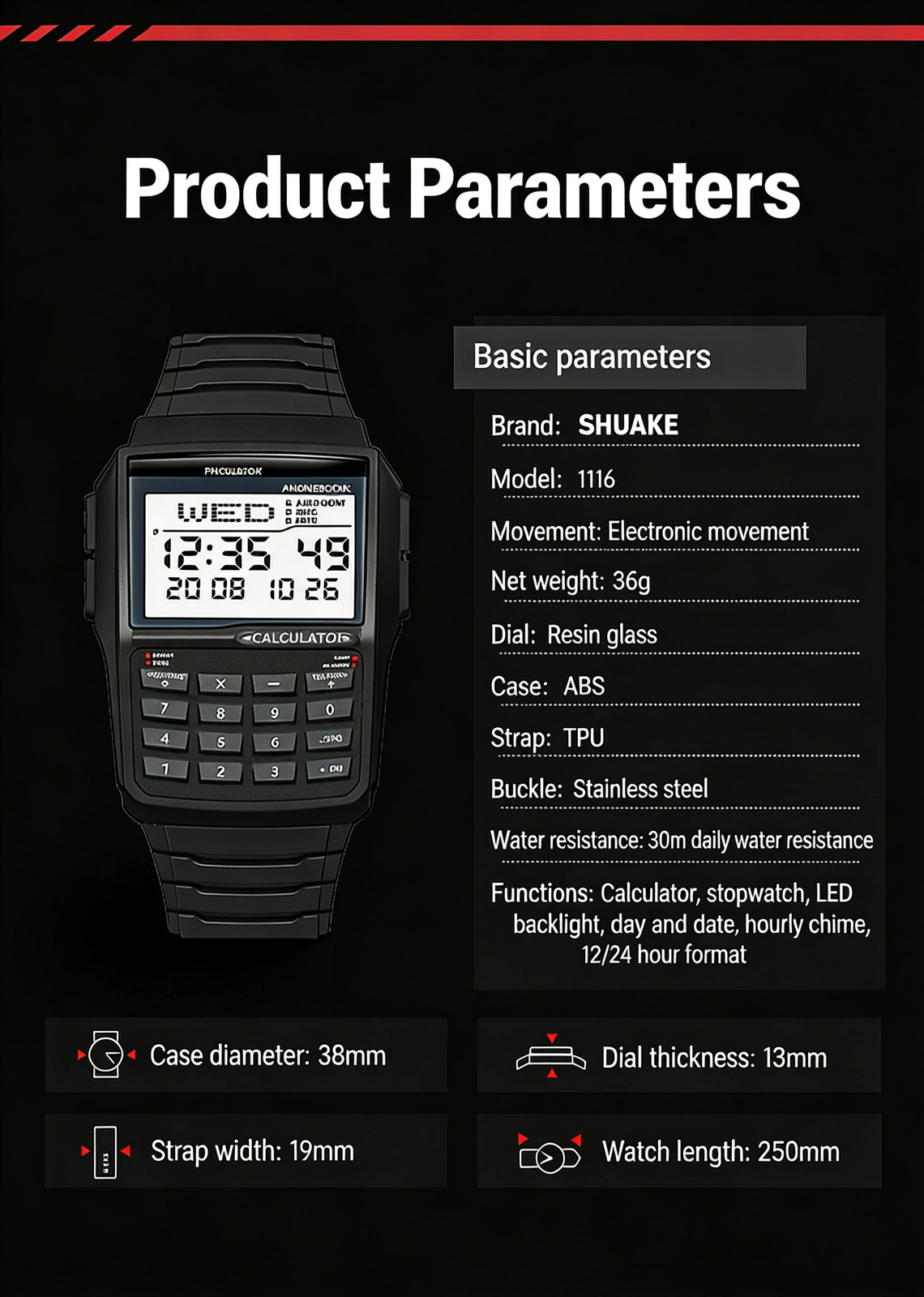 Men’s Digital Calculator Watch LED Multifunction Sports Wristwatch