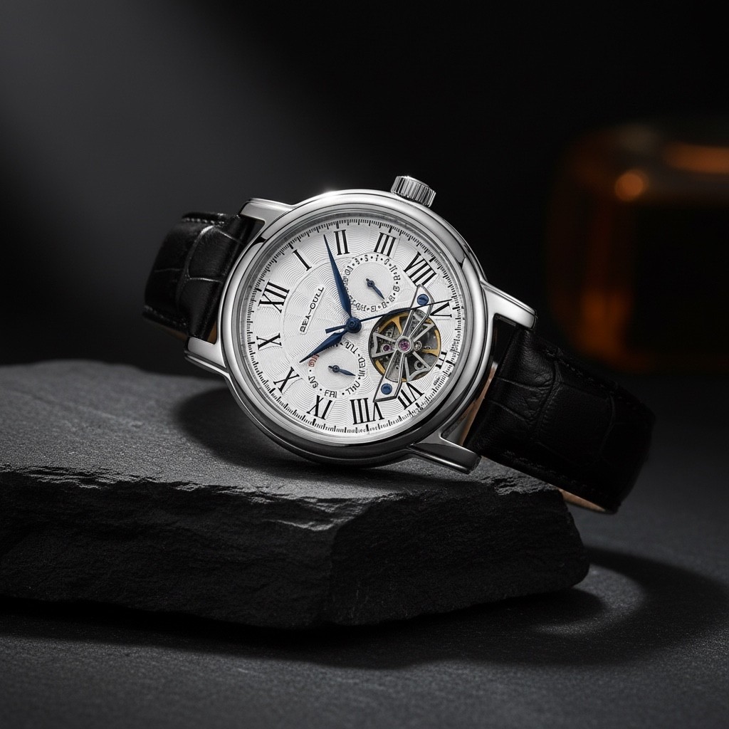 Seagull Automatic Skeleton Watch — Open Heart Mechanical, Leather, Slate & Crown