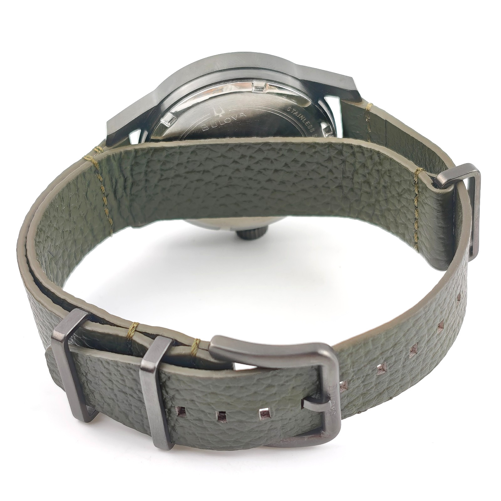 Bulova Military Hack 98A255 Men’s Black Dial Green Leather Strap Automatic Watch