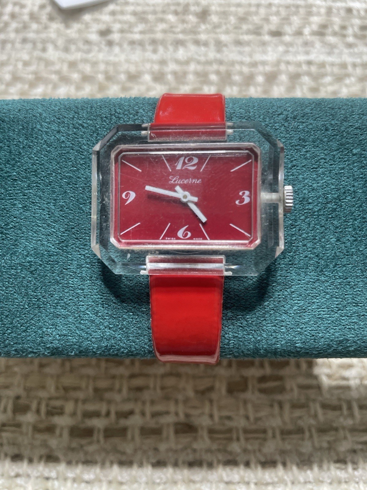 Vintage Lucerne Swiss Buler Mechanical Watch Clear Lucite Case Red Dial