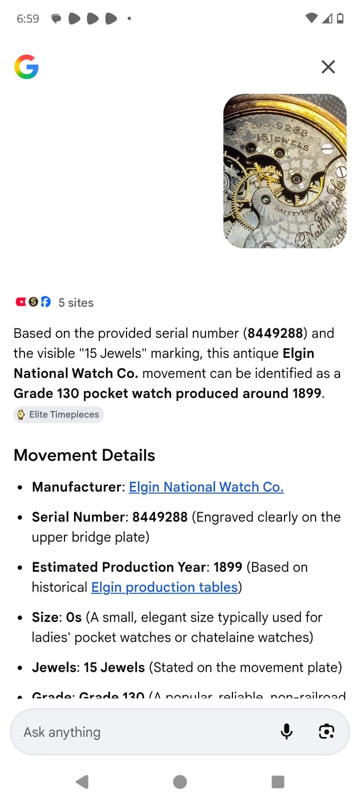 1899 Elgin National Watch Co. Grade-130 Gold Filled Pocket Watch 15 Jewels Works