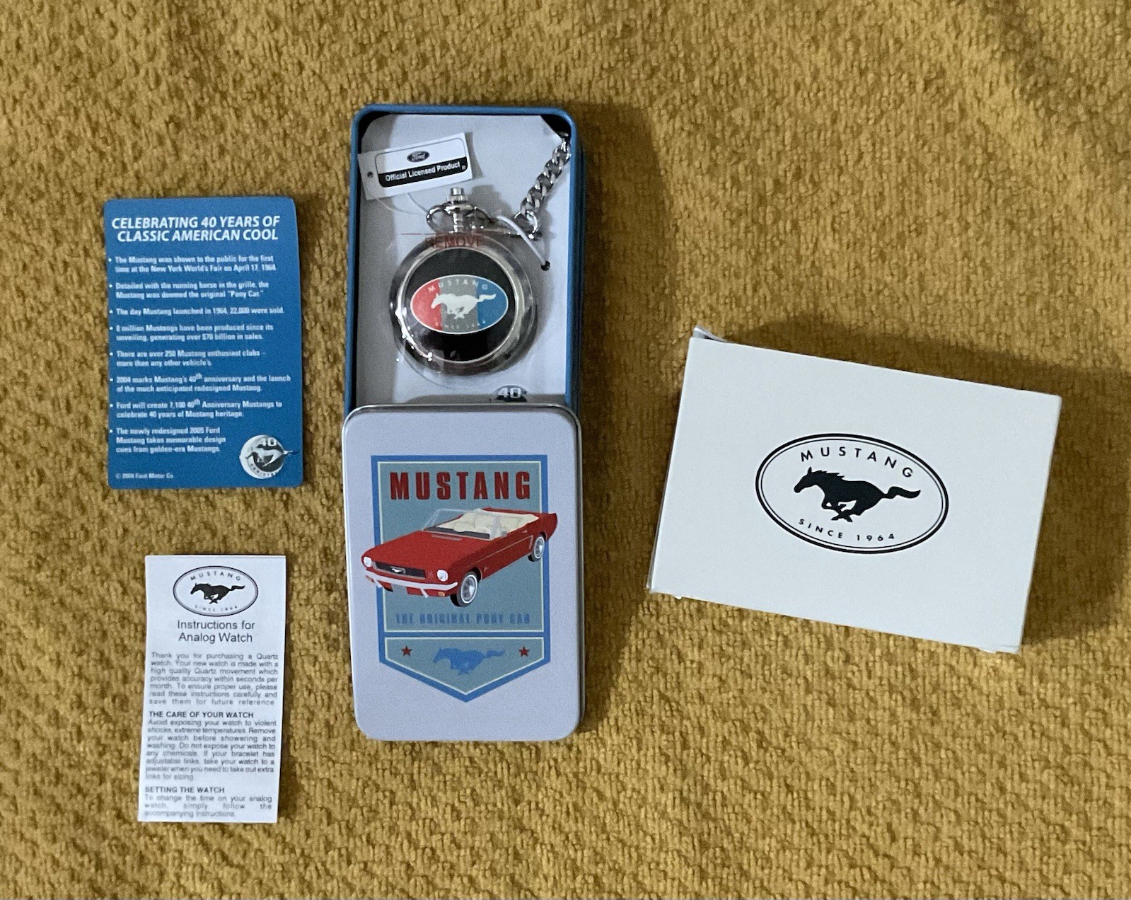 Ford Mustang 40th Anniversary Quartz Stainless Pocket Watch Chain Box Papers