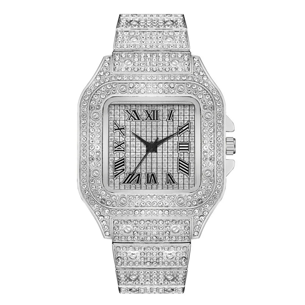 Luxury Men’s Quartz Watch Steel Strap Square Roman Dial Business Wristwatch