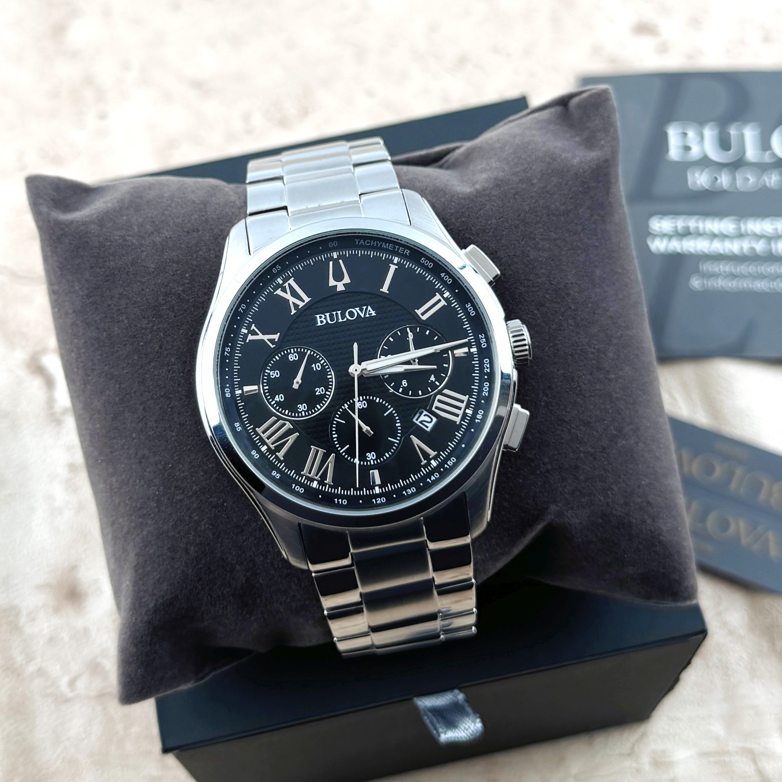 New Bulova Classic Dark BlackTextured Dial Chronograph Men’s Quartz Watch 96B288
