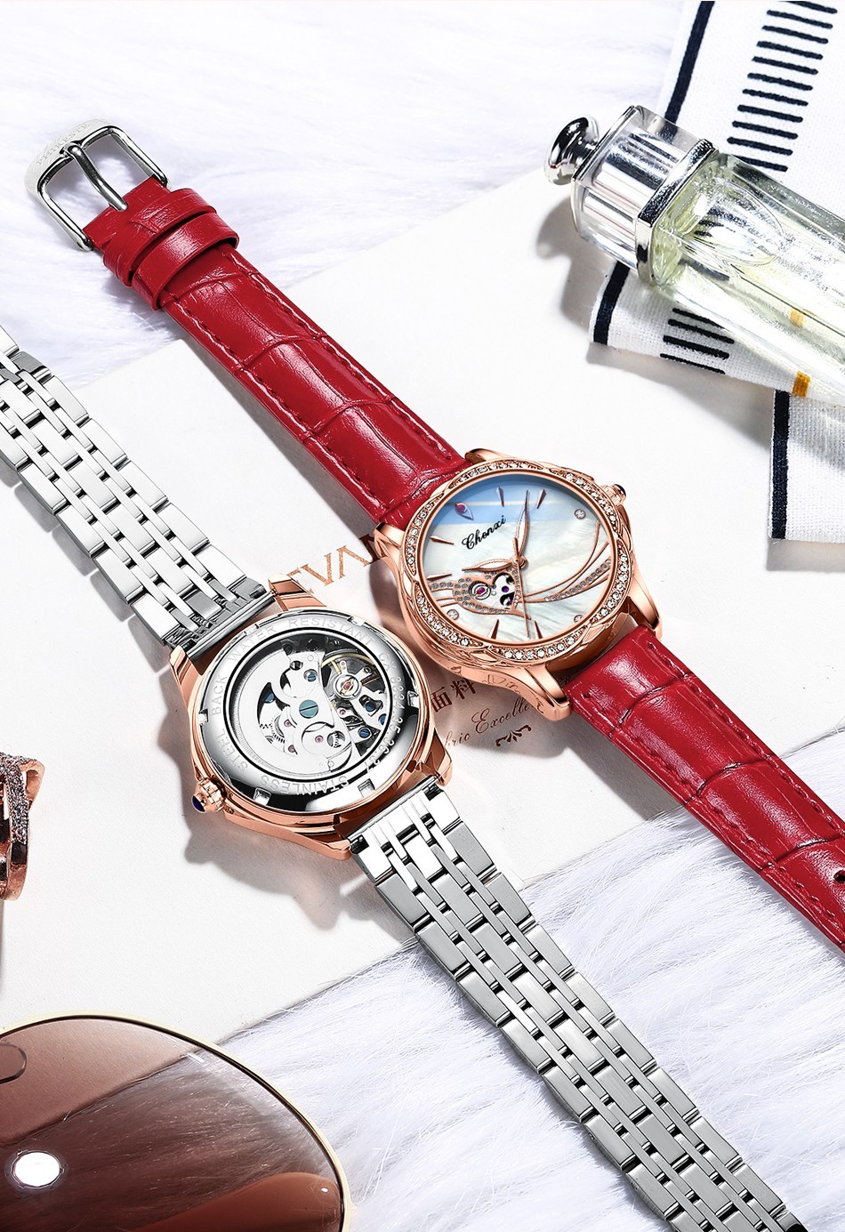 CHENXI Women Leather Hollow Out Luminous Waterproof Automatic Mechanical Watch