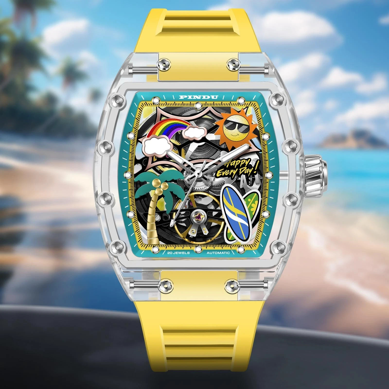 🔥USA🔥PINDU leisure Summer Hawaii Beach Tonneau/Barrel men’s watch PD6633 Yello