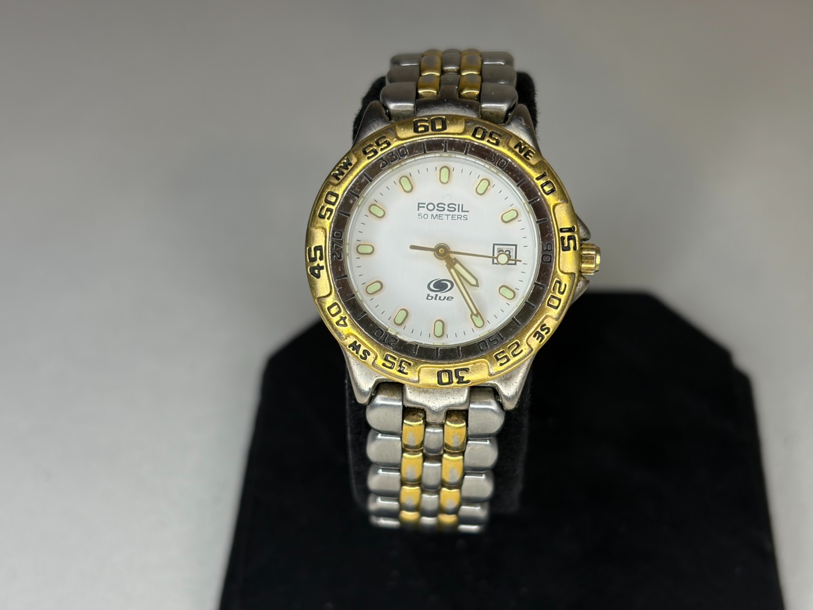 Fossil Blue AM-3229 Two-Tone Watch Men’s Quartz Silver Gold White Dial WORKING