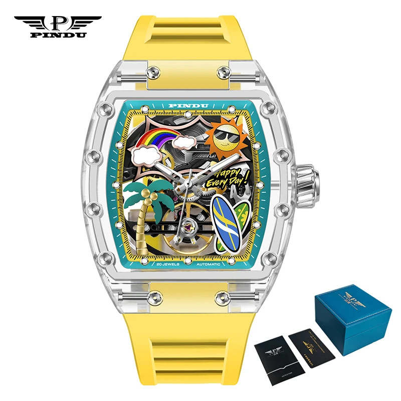 PINDU Men Mechanical Watch Tonneau Summer Beach Glowing Waterproof Silicone
