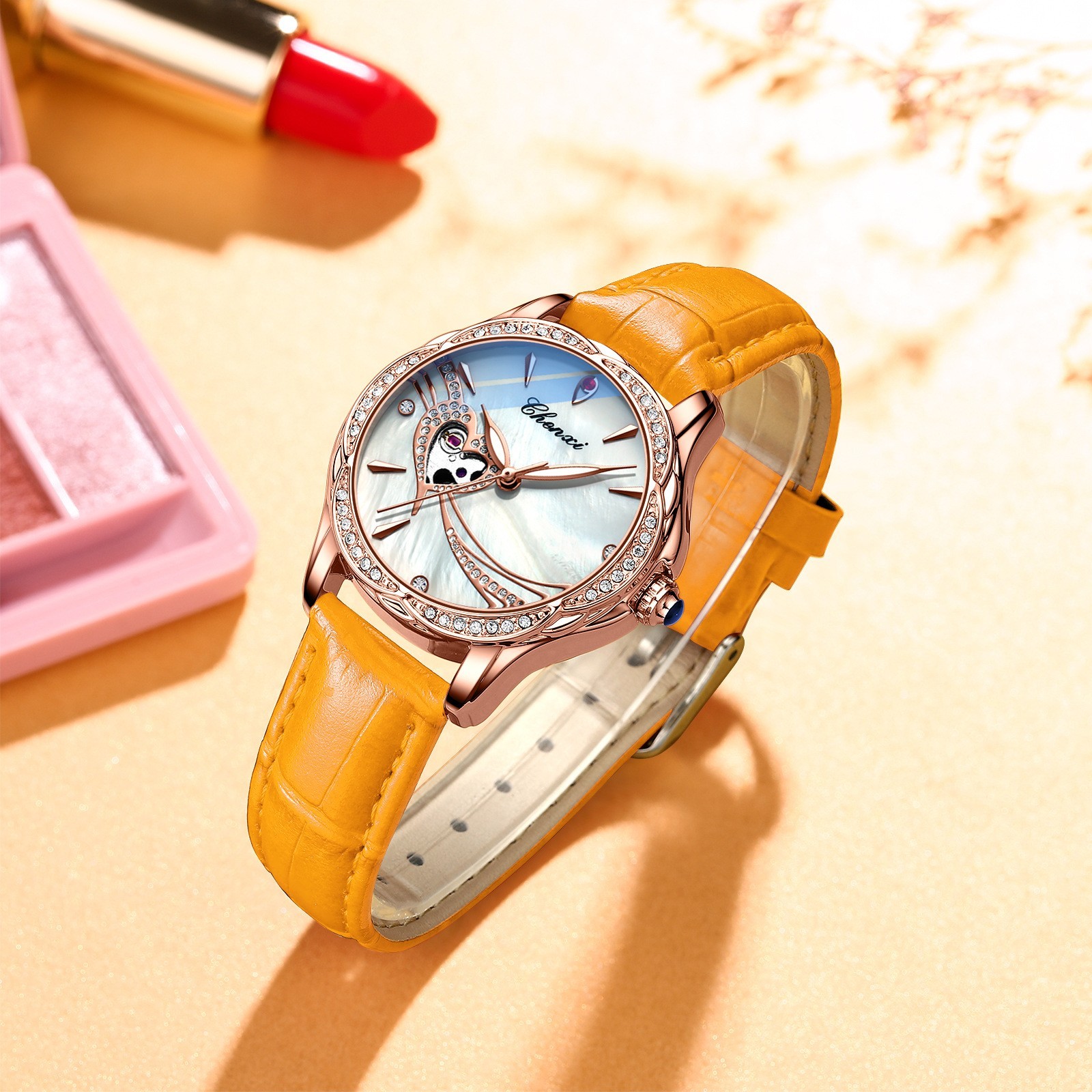 CHENXI Women Leather Hollow Out Luminous Waterproof Automatic Mechanical Watch